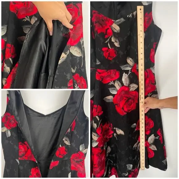 White House Black Market Black Red Rose Fit & Flare Floral Coktail Dress 10 - Picture 6 of 11